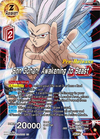 Son Gohan, Awakening to Beast (BT22-003) [Critical Blow Prerelease Promos]