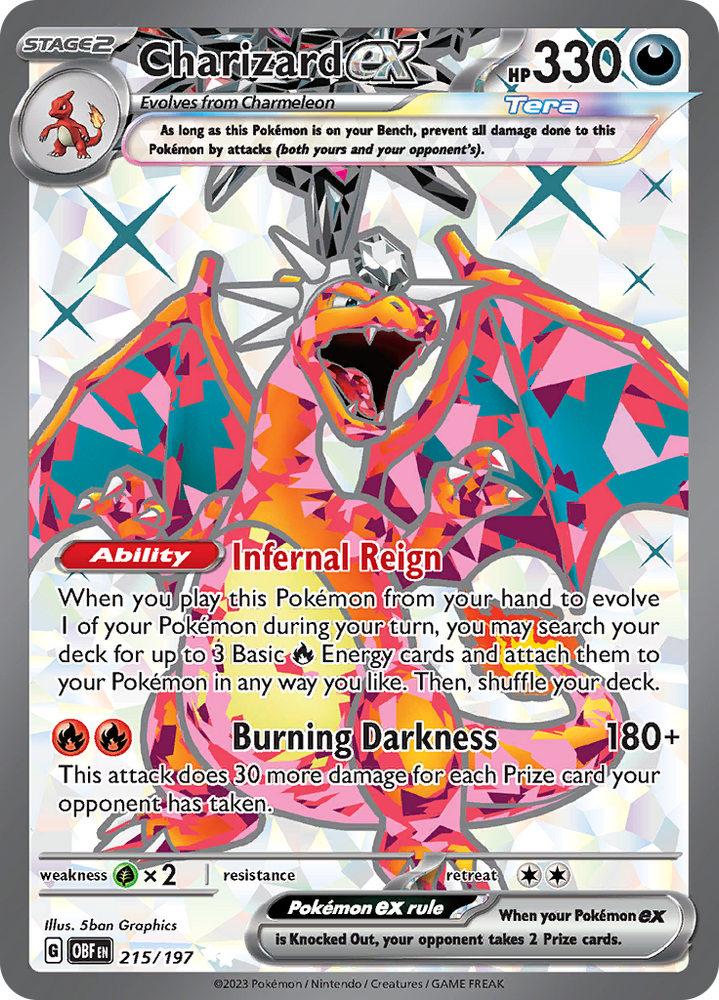 pokemon scarlet and violet obsidian flames rare cards CHARIZARD EX 2023 POKMON & #228/197 HYPER TAG 9 - OS - Pre-Owned This Pokemon does not receive damage from attacks when on the bench Charizard ex330 HP Top-10 Rarest Obsidian Flames Pokemon